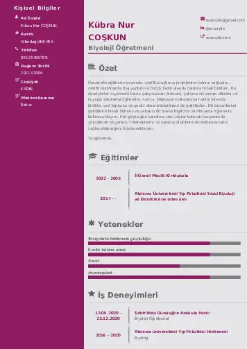 Biyoloji Öğretmeni CV Örnekleri cv indir